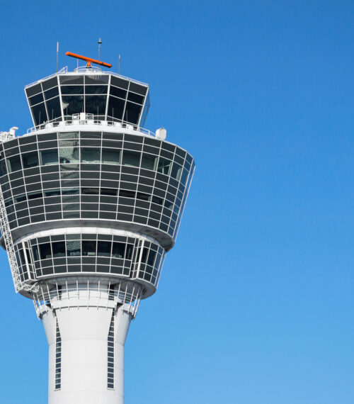 Munich air traffic control tower in airport with clear blue sky and free copy-space place for your text