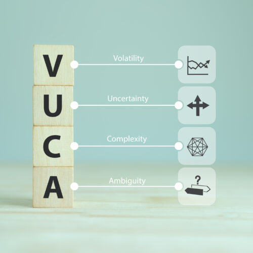 VUCA and strategic management. Wooden cubes with VUCA icon and text; volatility, uncertainty, complexity, ambiguity with grey background. Smart management for new trend and rapid transition.