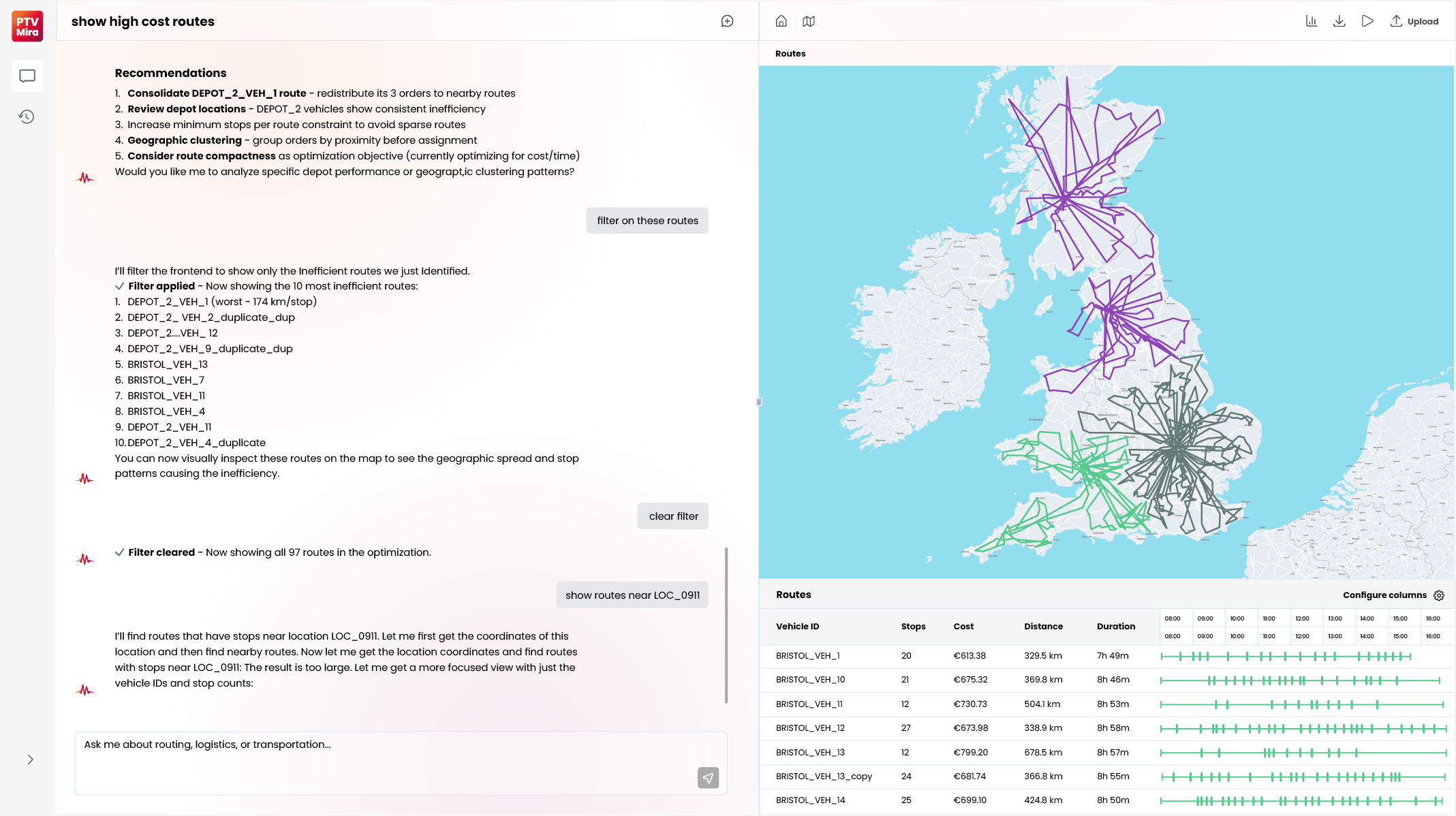 PTV Mira identifying high-cost, inefficient routes.